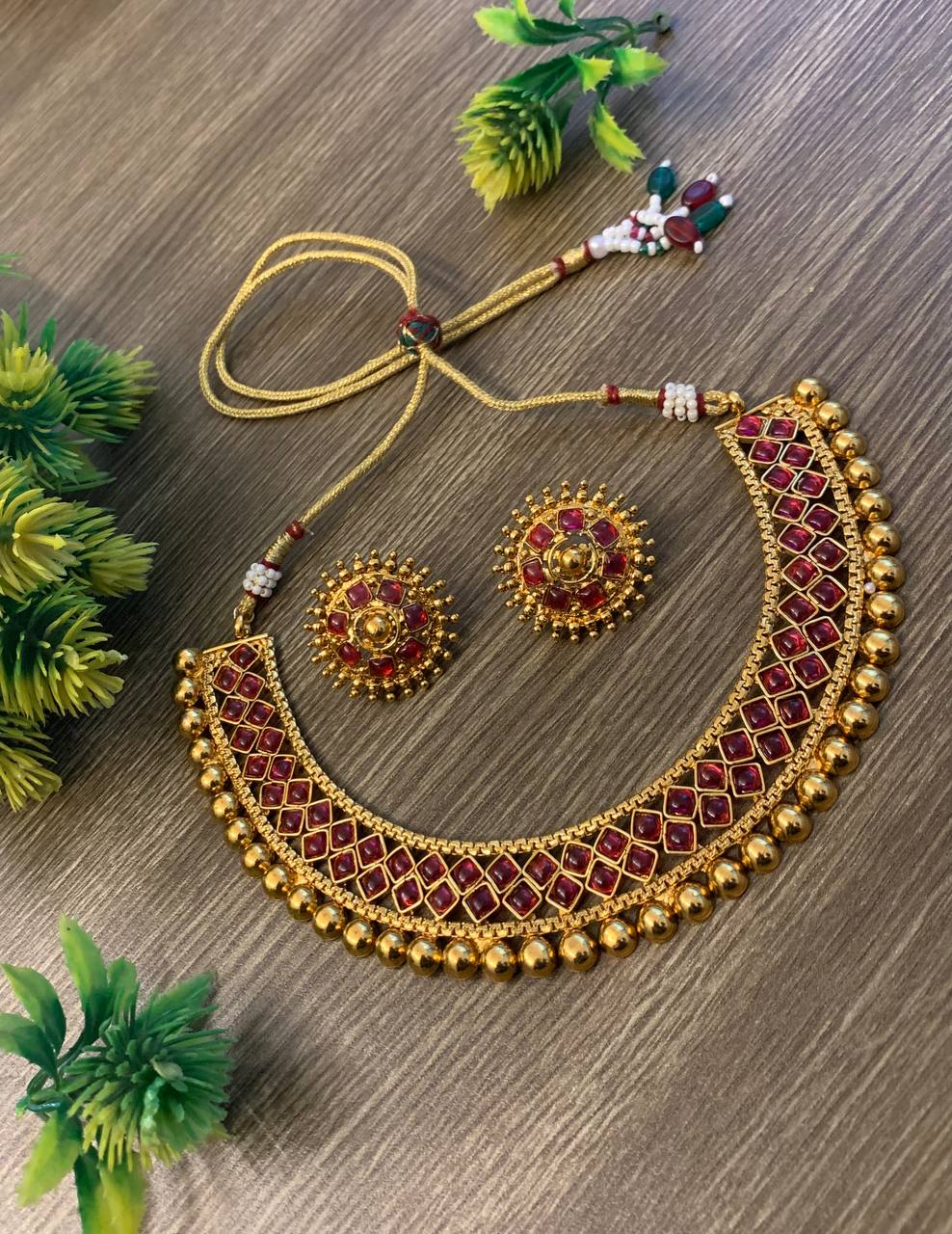 Gold Plated Temple Jewelry Choker Set with Red Stones