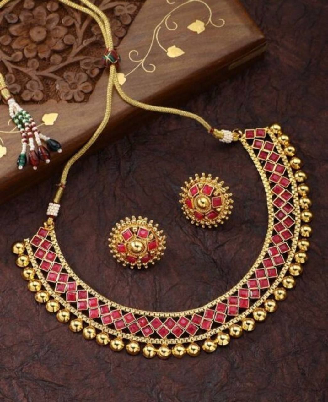 Gold Plated Temple Jewelry Choker Set with Red Stones