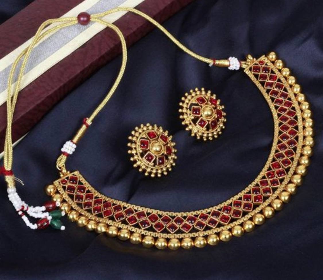 Gold Plated Temple Jewelry Choker Set with Red Stones