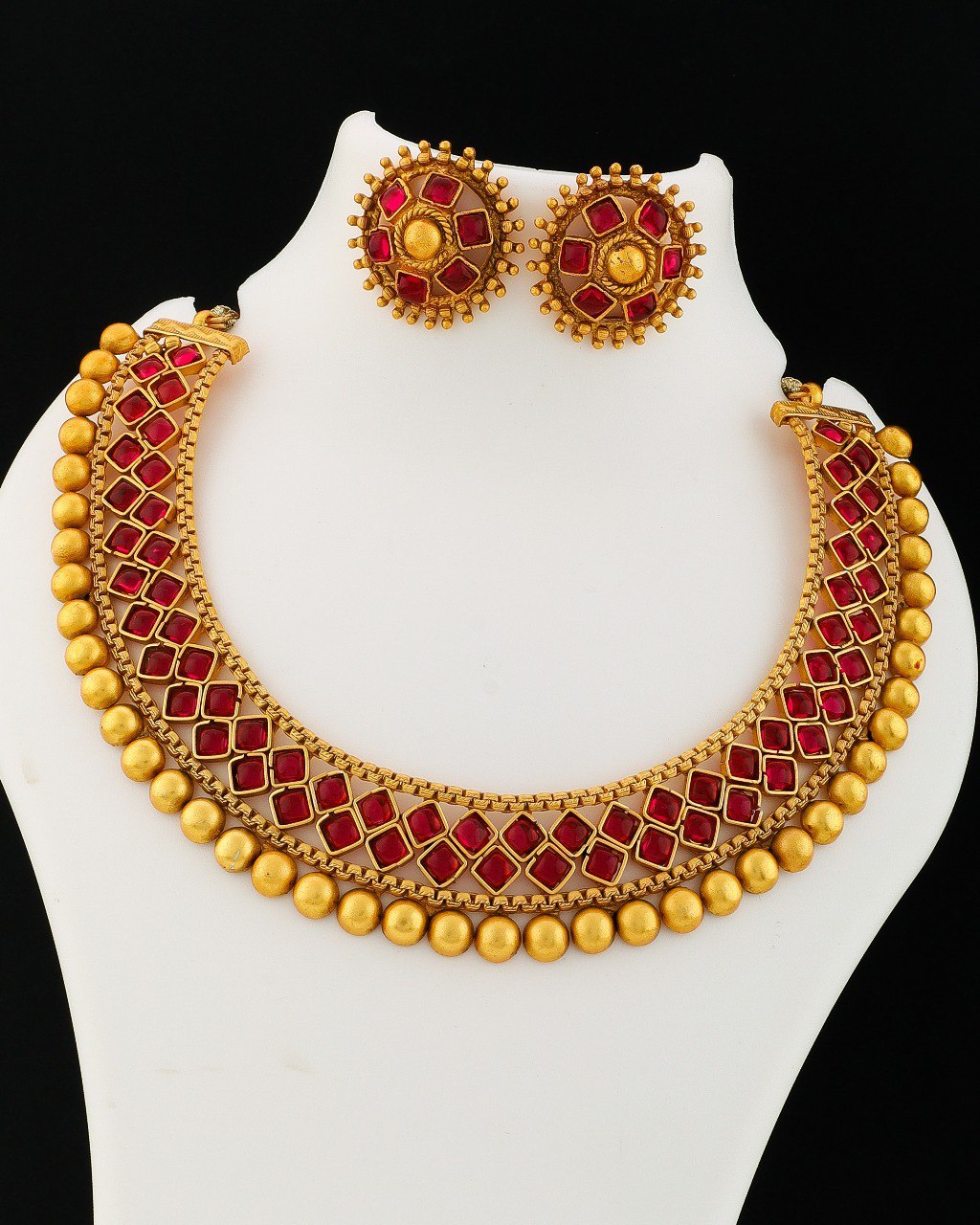 Gold Plated Temple Jewelry Choker Set with Red Stones